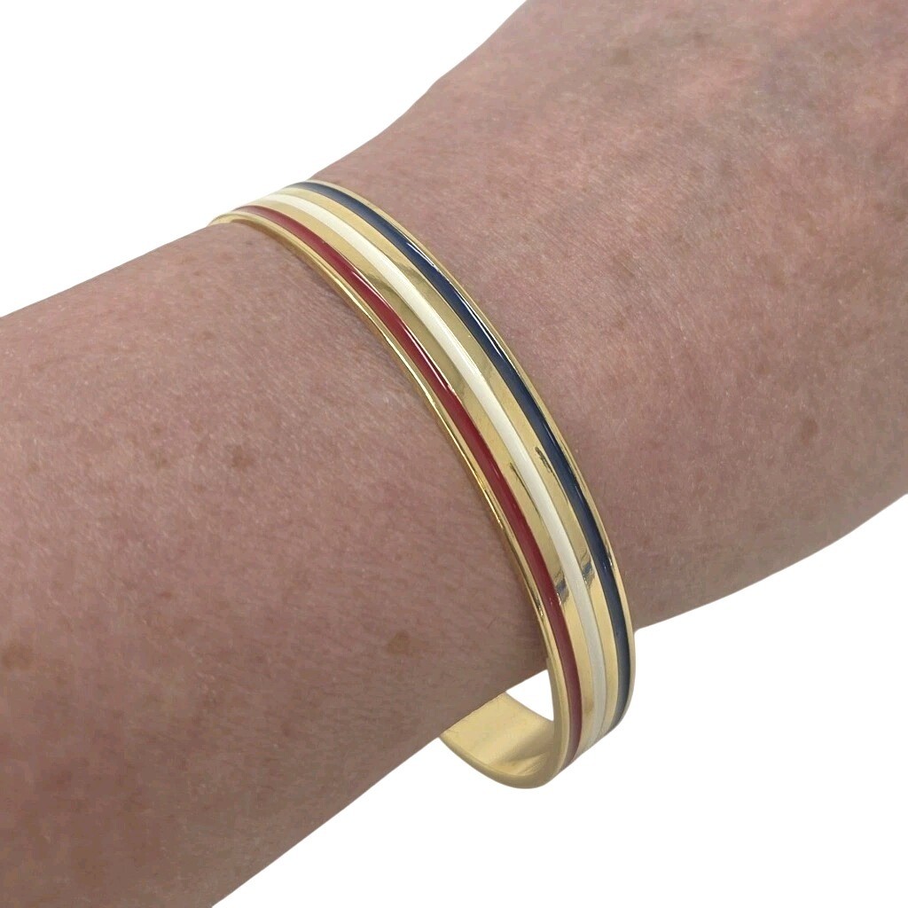 VINTAGE Red White & Blue Enameled Gold Tone Metal Bangle Bracelet