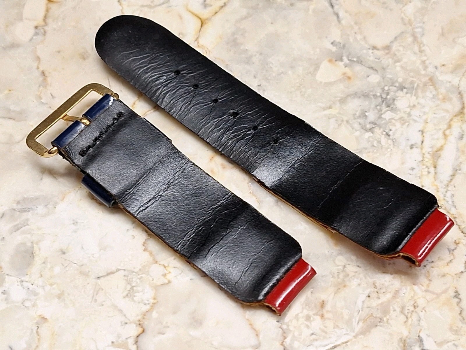 Vintage Tri-color Red White Blue Vinyl on Leather Watch Band Strap 12.3 mm