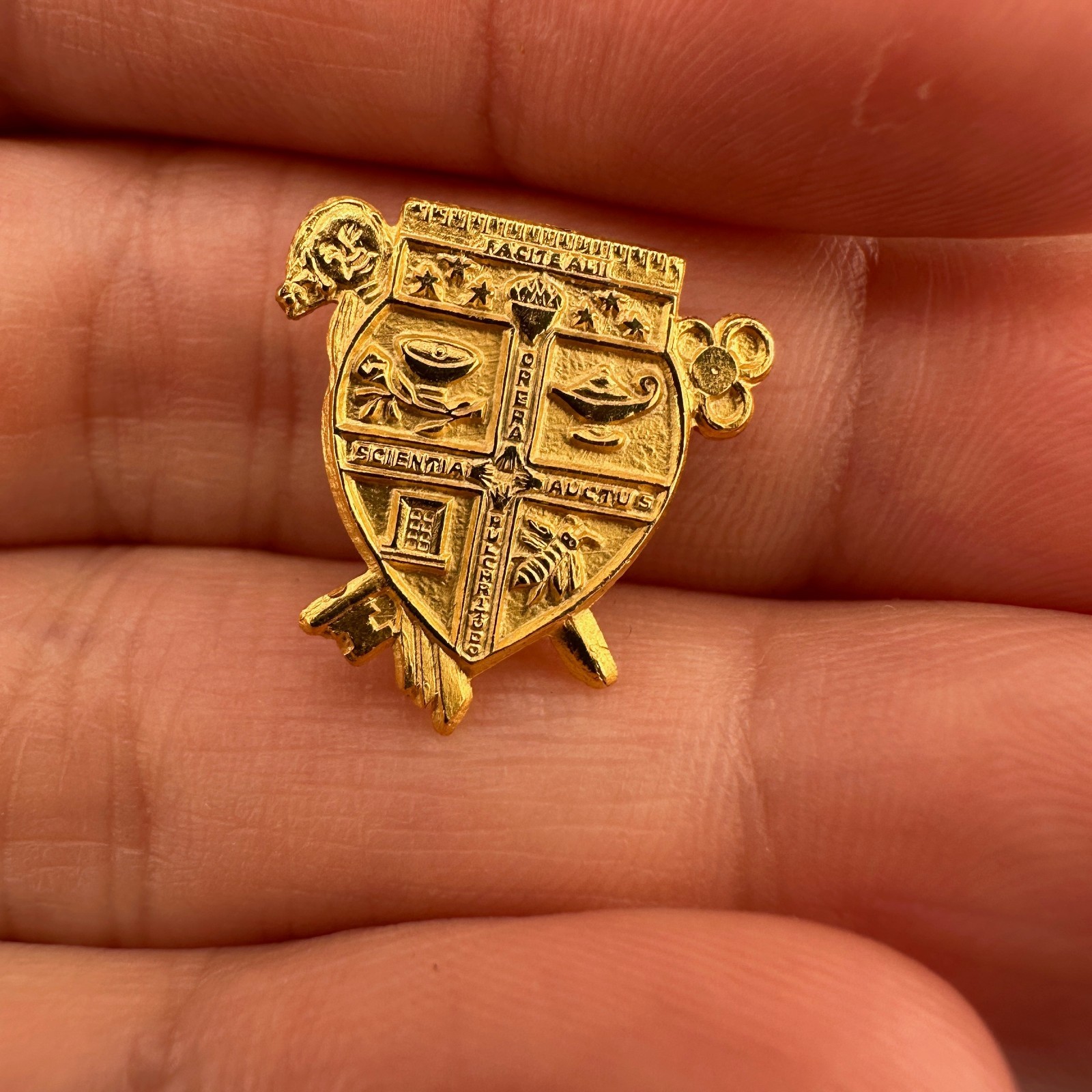 Vintage Coat of Arms Pin Lot Gold Tone Facital Scientia Auctus Opera Pulchritudo