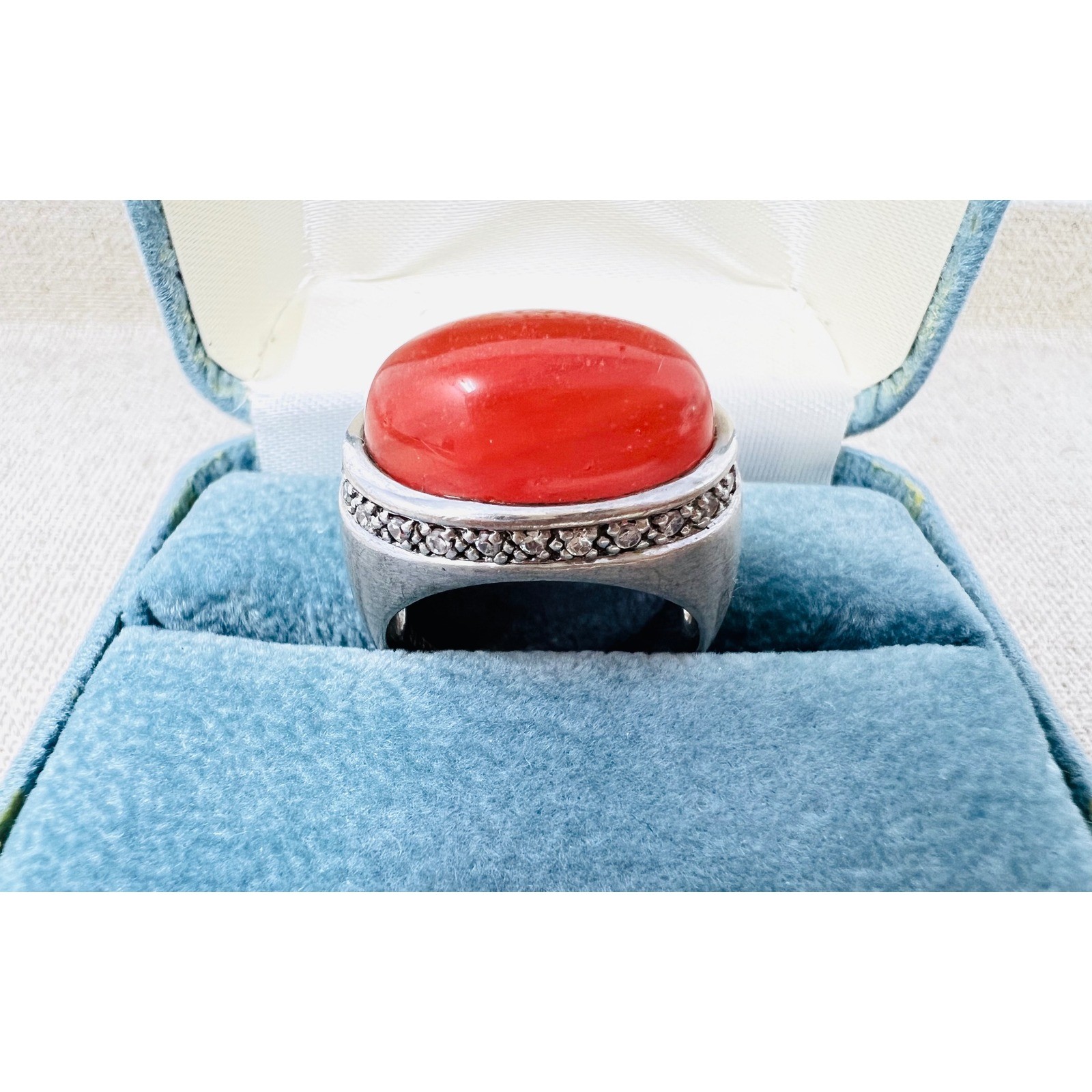 Sterling Silver Coral Colored Cabochon Crystal Halo Statement Ring Size 8