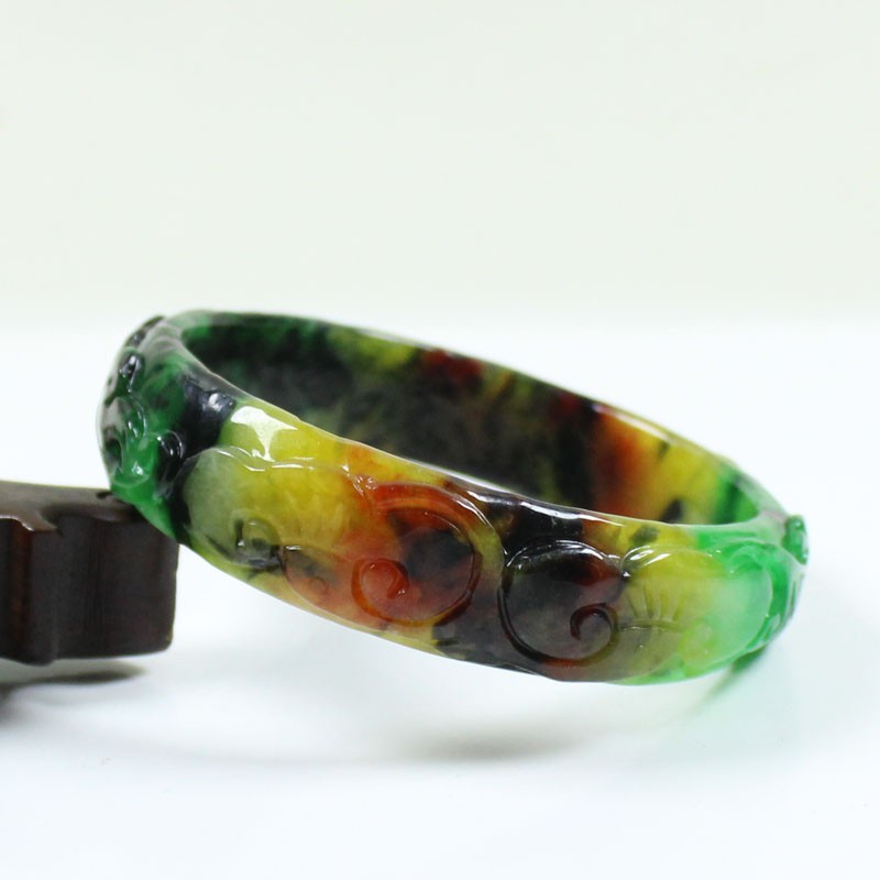 61mm Real Natural Ice Multicolor Burmese Jade jadeite Carving Bracelet Bangle