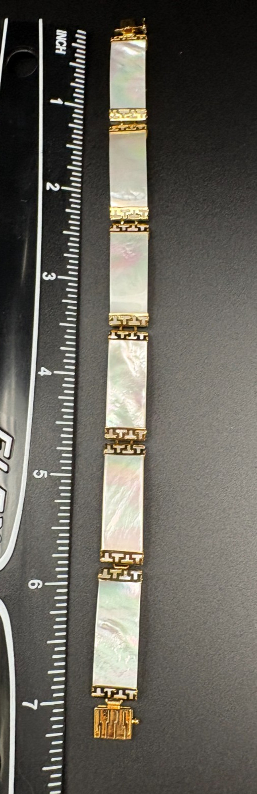 Vintage 14K Yellow Gold Mother of Pearl Greek Key Link Bracelet Heavy 16.1g