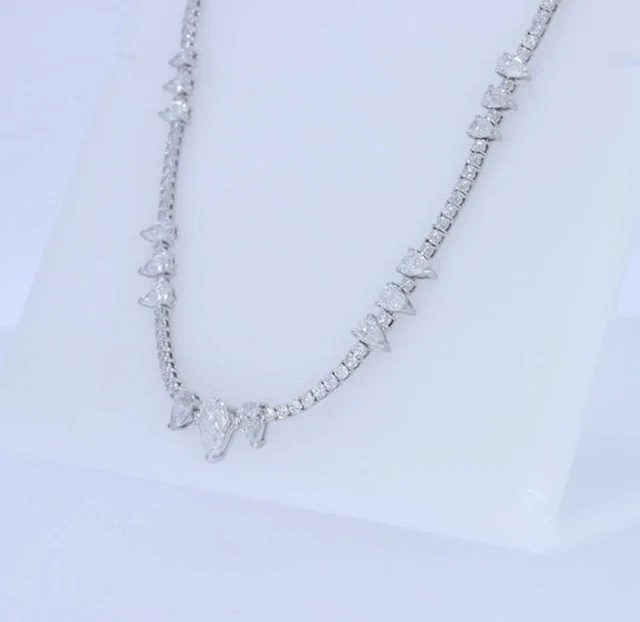 9.60 Ct Round & Pear Cut Moissanite Tennis Chain 18″ Necklace 14k WG Plated