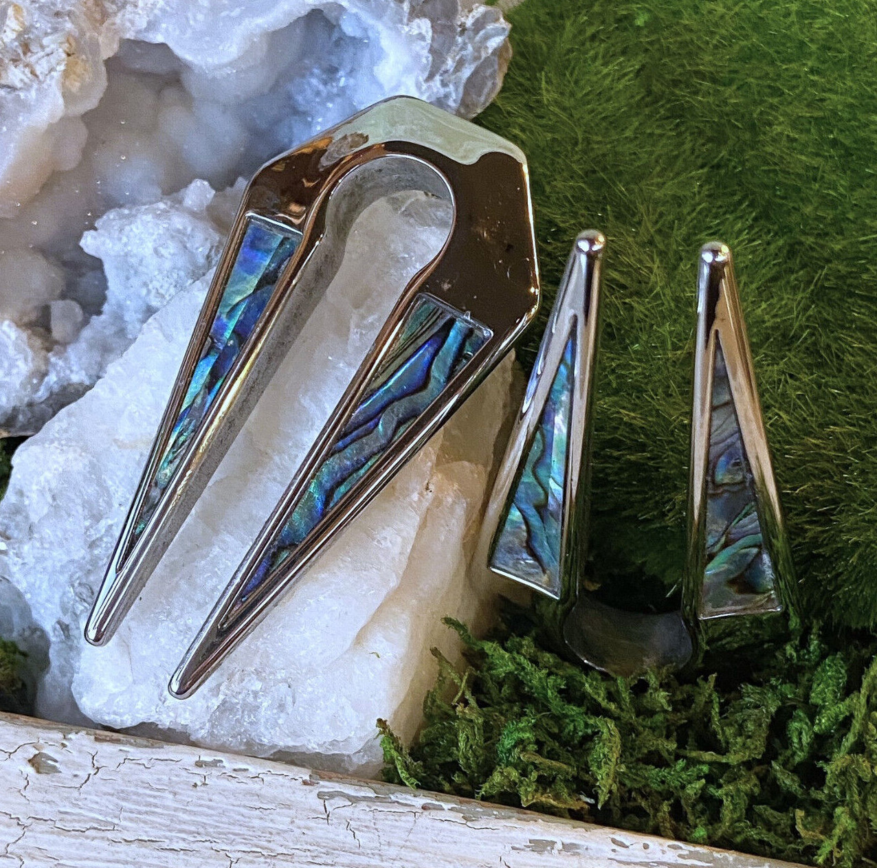 PAIR Abalone Shell Inlaid Keyhole Ear Weight Hangers Tunnels Plugs Gauges