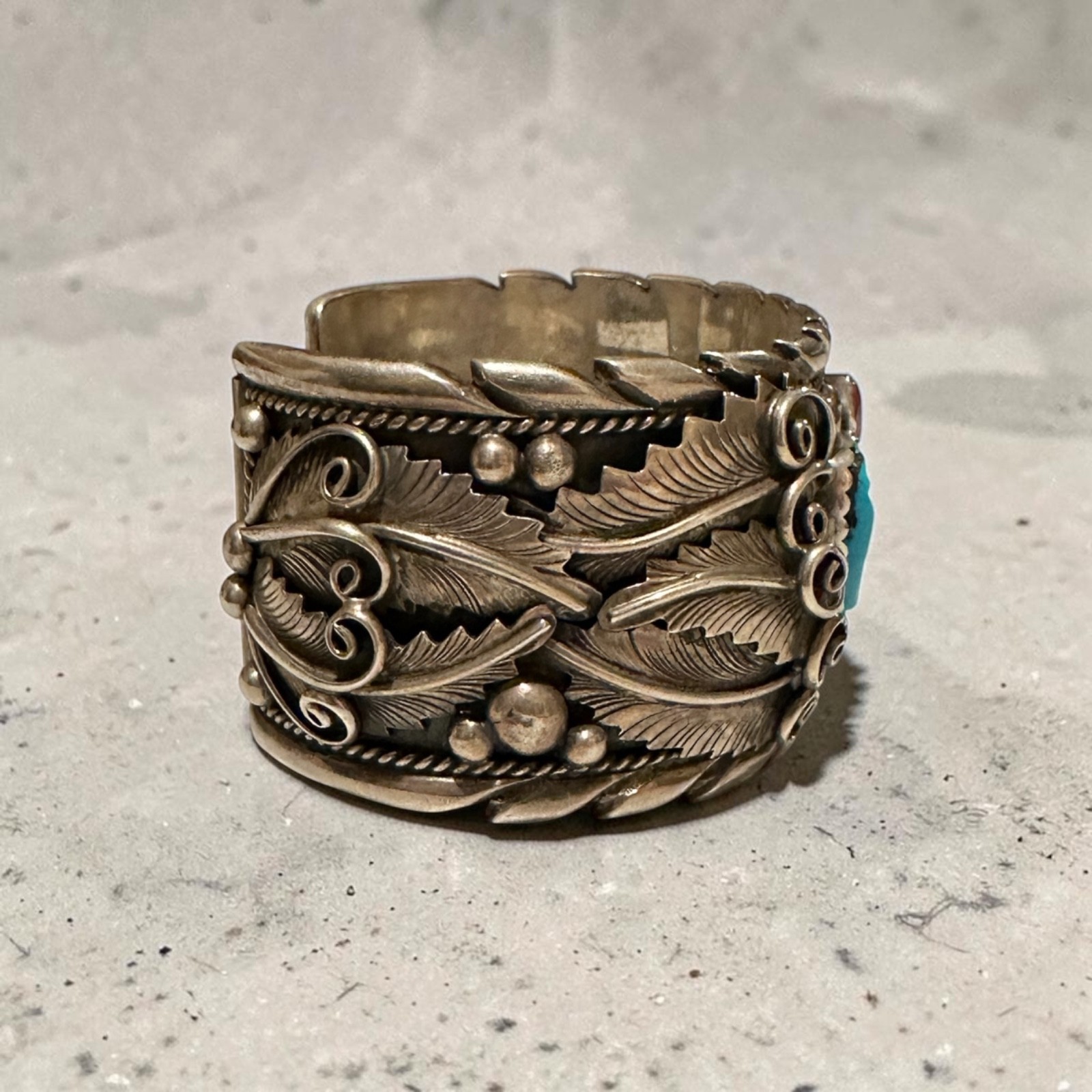 Navajo M Tsosie Sterling Turquoise Coral Feather Cuff Bracelet 108g 1.5” Width