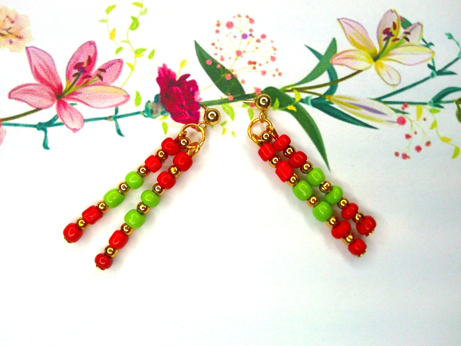 Red and Green Earrings 24K Gold Filled Posts Glass Seed Beads Handmade
