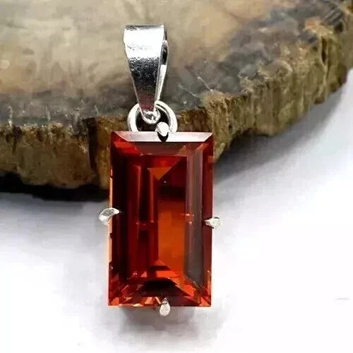 Natural 23.14 Ct Orange Sapphire Baguette Cut 925 Solid Silver Pendant Gemstone