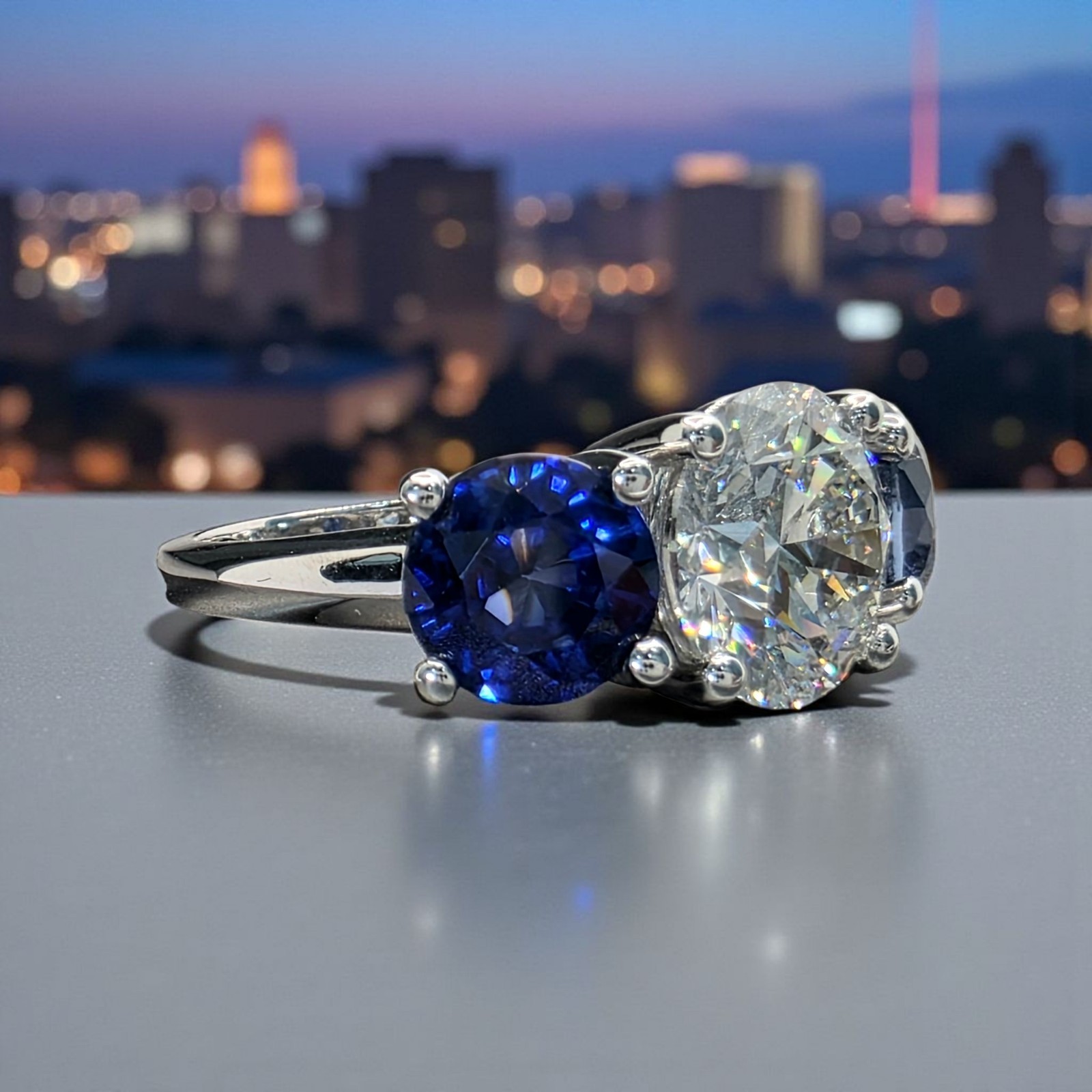4.00 Ct D VS1 Sapphire and Diamond Lab Grown 3 Stone Ring 14k White Gold