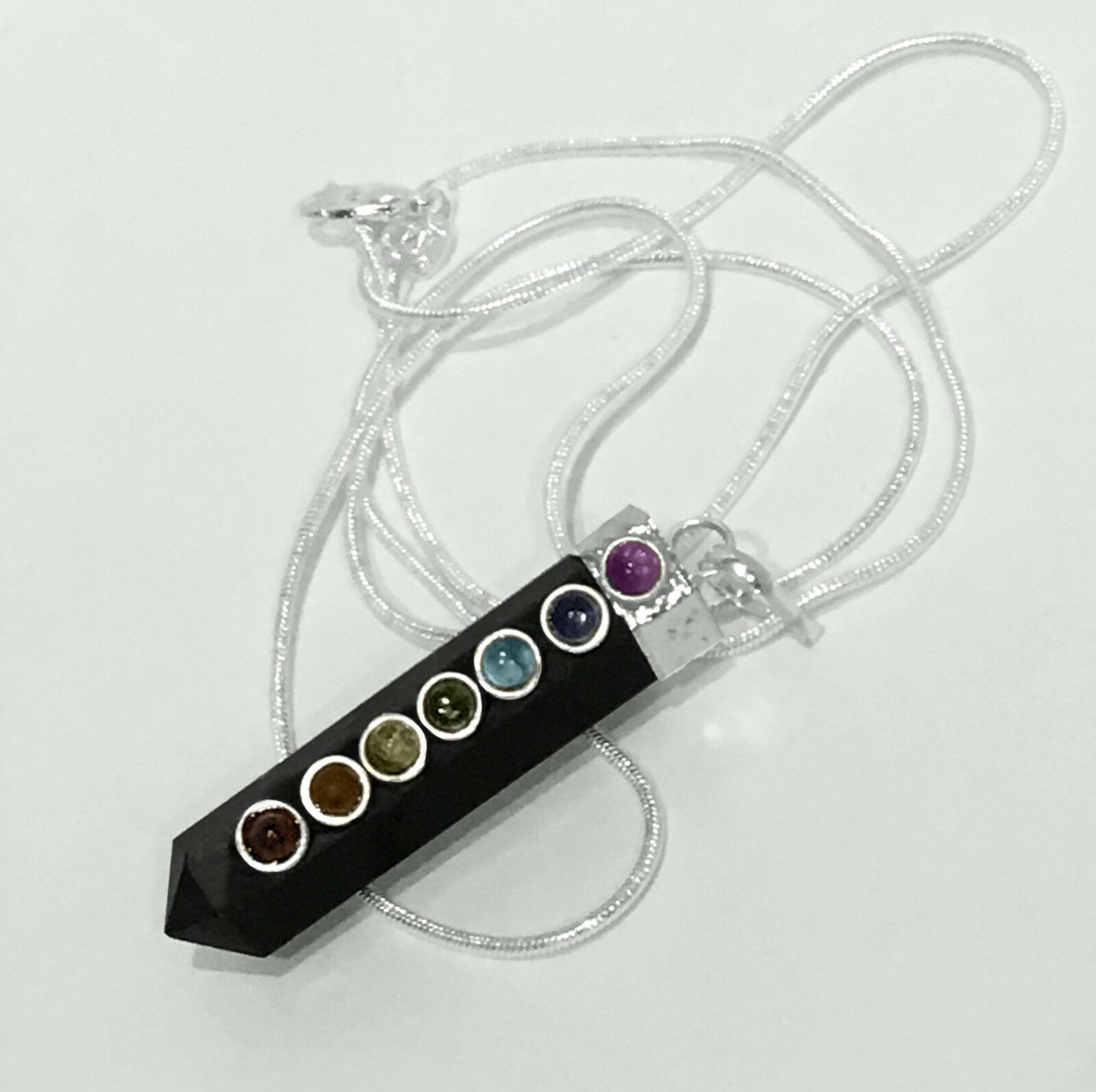 Black Tourmaline Crystal Point Chakra Gem Silver Pendant Necklace Reiki Healing