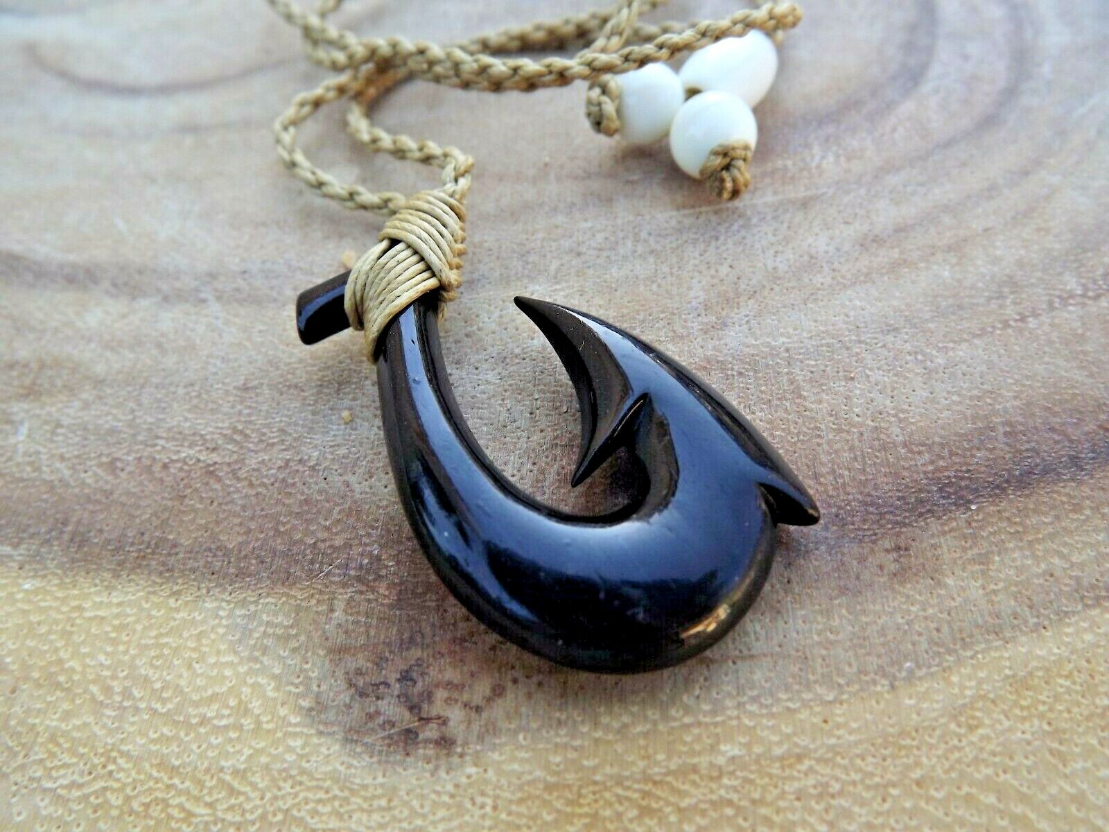 Hawaiian Buffalo Bone Black Fish Hook Necklace Maori Hei Matau Bone Hook Choker