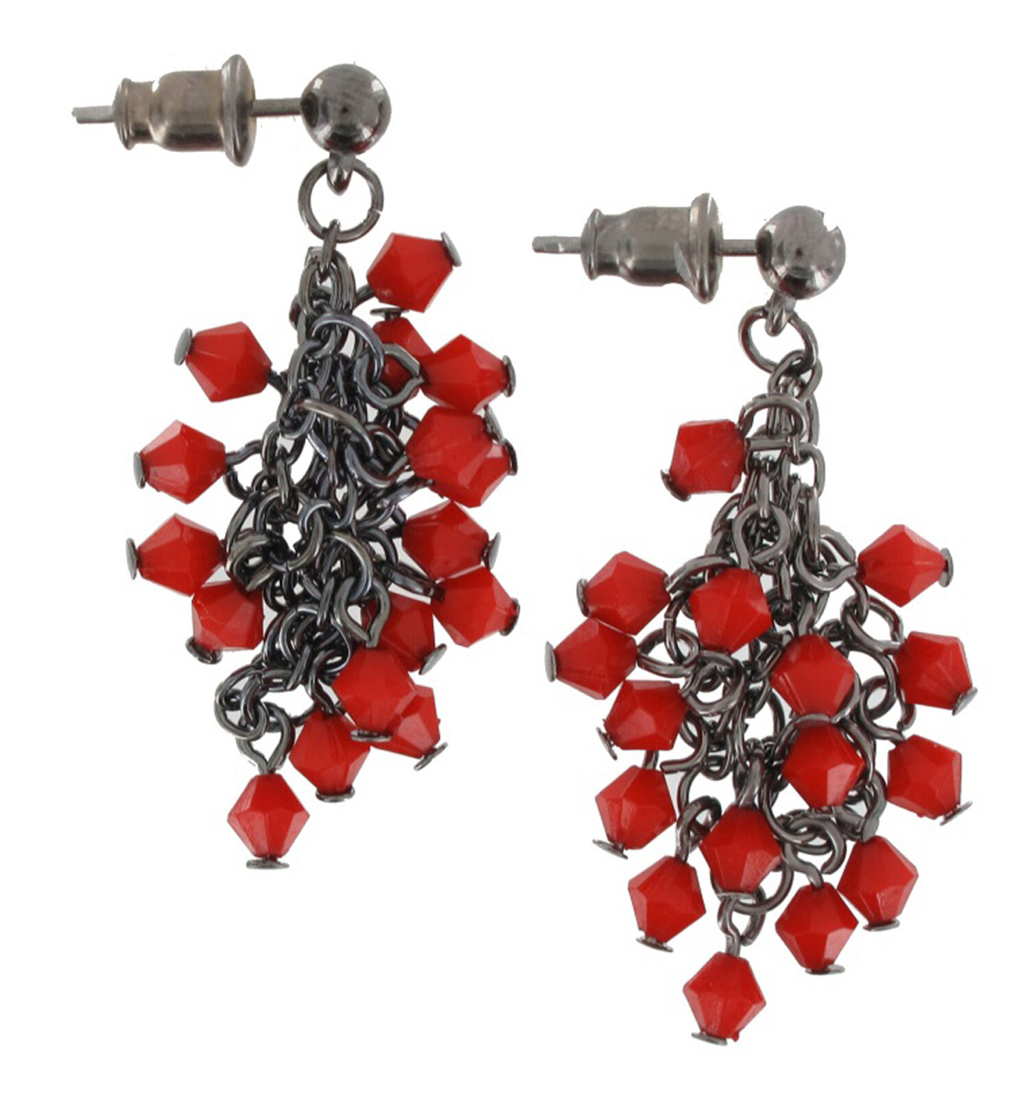 Red Fringe Beaded Dangle Pierced Earring 1/2″ + Bracelet 7- 9″ Adjustable Set