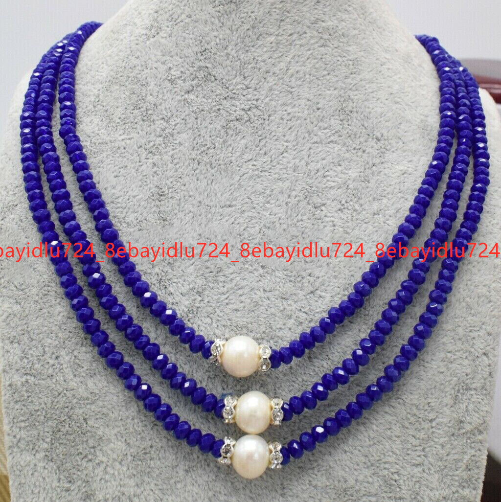 3 Rows Faceted 2x4mm Multicolor Gems & 8-9mm White Pearl Necklace 17-19 in
