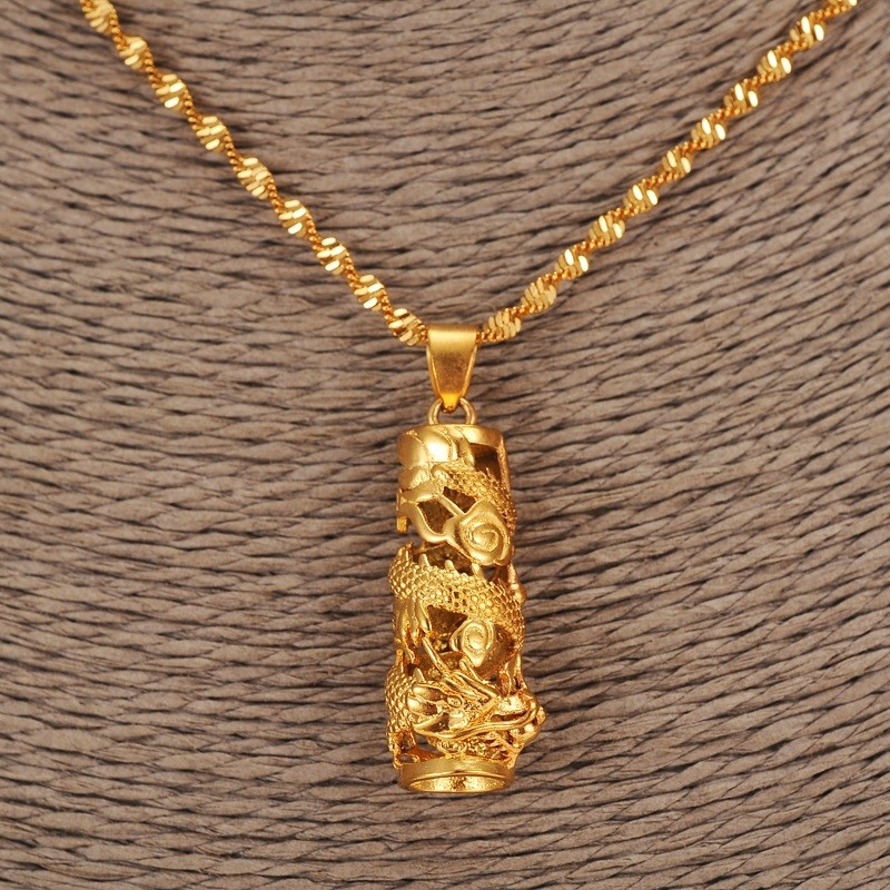 24k Gold Filled Over Sterling Silver Dragon Pendant With Chain 24″ Necklace D545