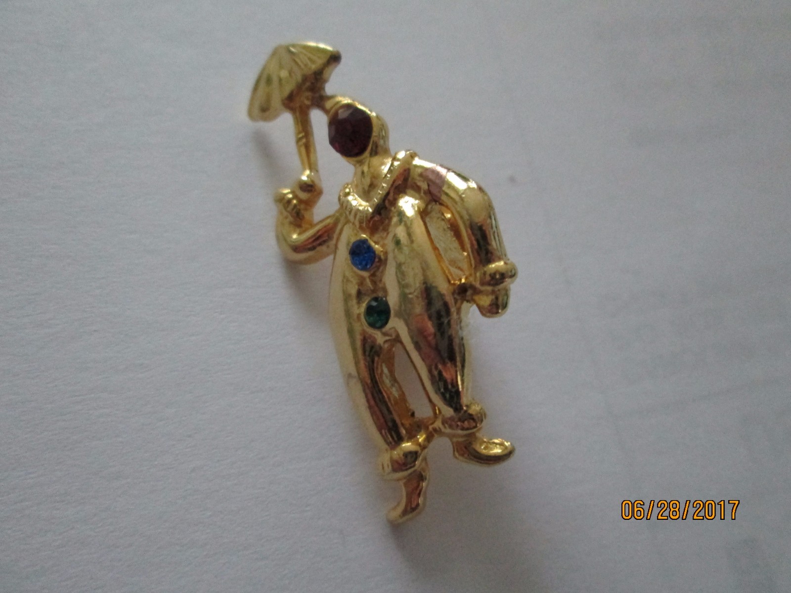 Circus Clown Carrying an Umbrella Crystal Lapel Pin Brooch red Blue Green gold
