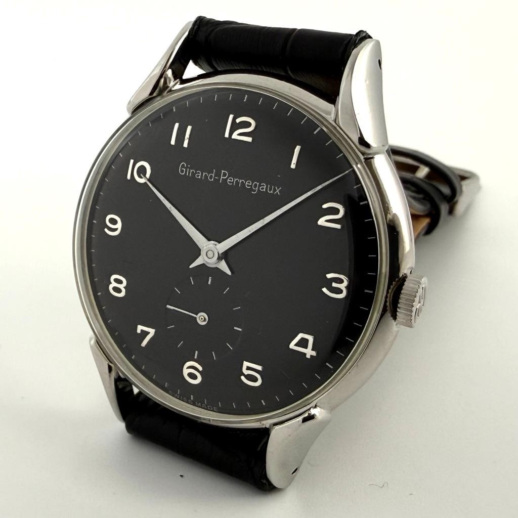 SWISS FINE GIRARD PERREGAUX LONG FANCY LUGS BOLD BLACK DIAL MANUAL WIND VINTAGE