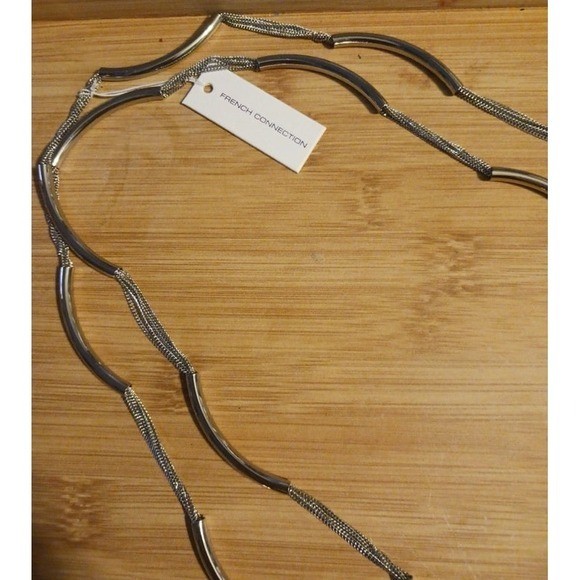 NEW French Connection Silver Curved Bar Extra Long Double Layered Necklace