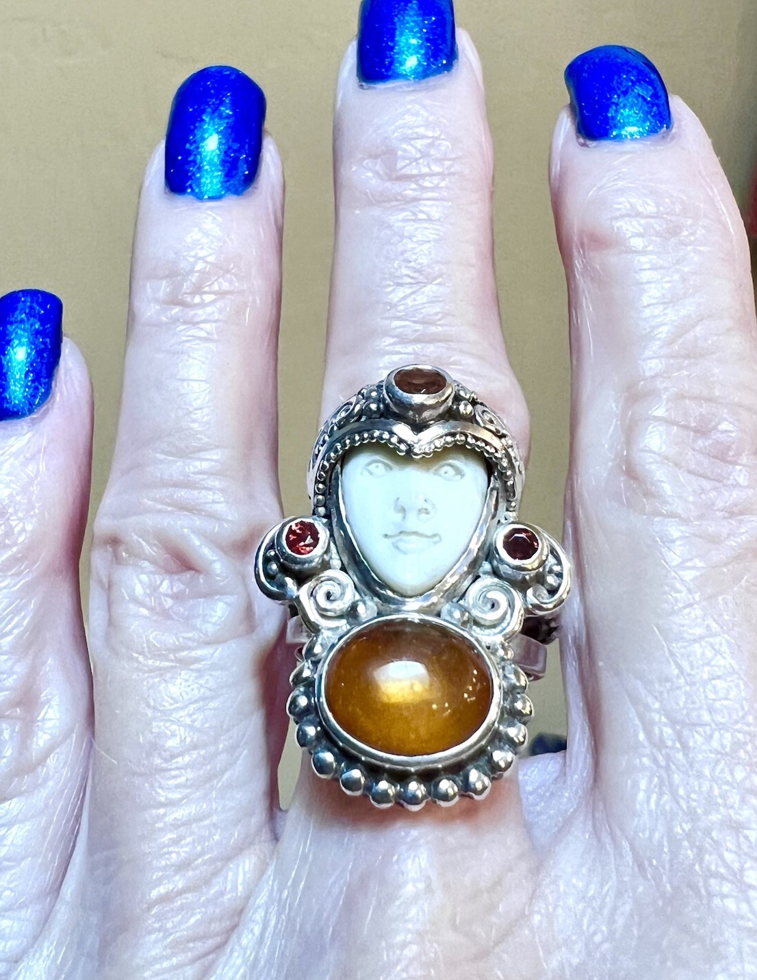BEAUTIFUL ORNATE Sajen Sterling Silver Citrine, Garnet, Etc. Carved Goddess Ring