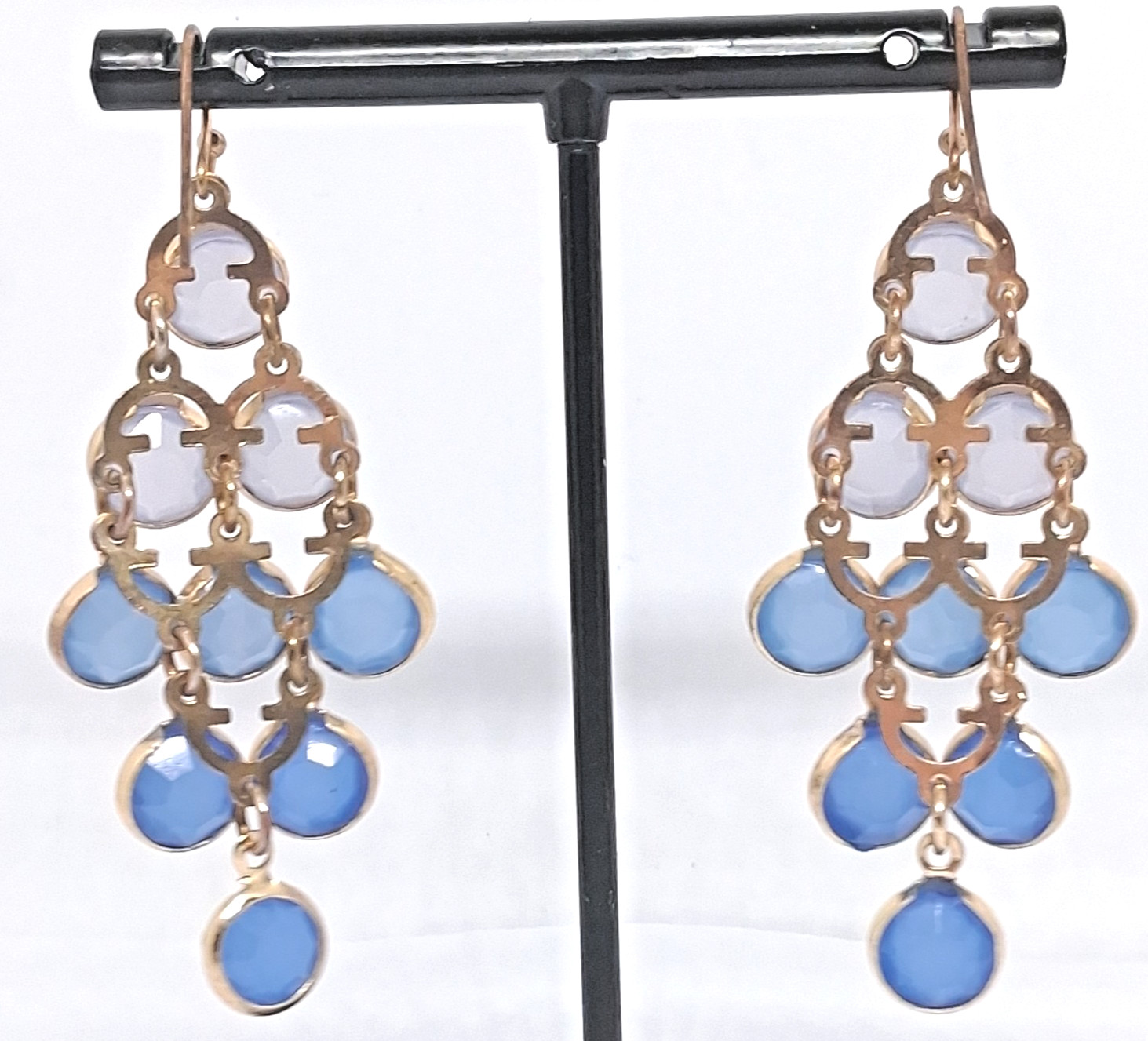 Gold Tone with Blue Taper 2 Inch Chandelier Drop Hook Earrings