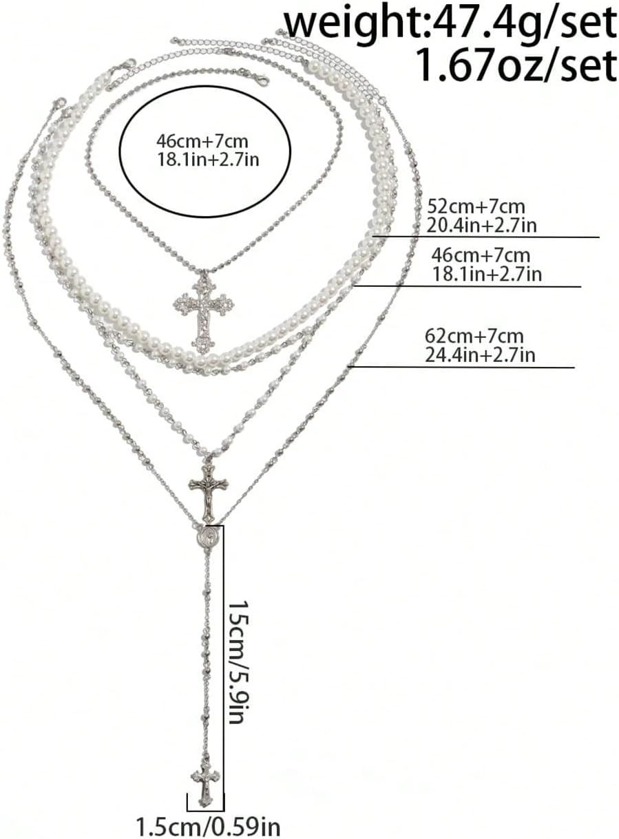 Silver Layered Cross Necklace Set for Women, 4Pcs Pearl Rosary Choker Chunky Chr