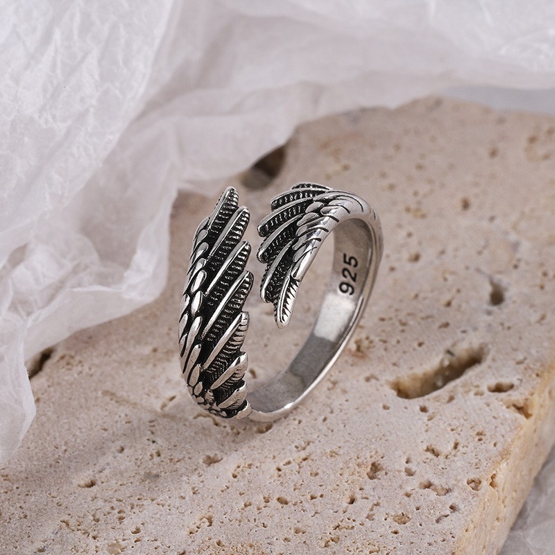 1 Pcs of 925 Sterling Silver Angel Wing Feather Adjustable Ring Wedding Jewelry