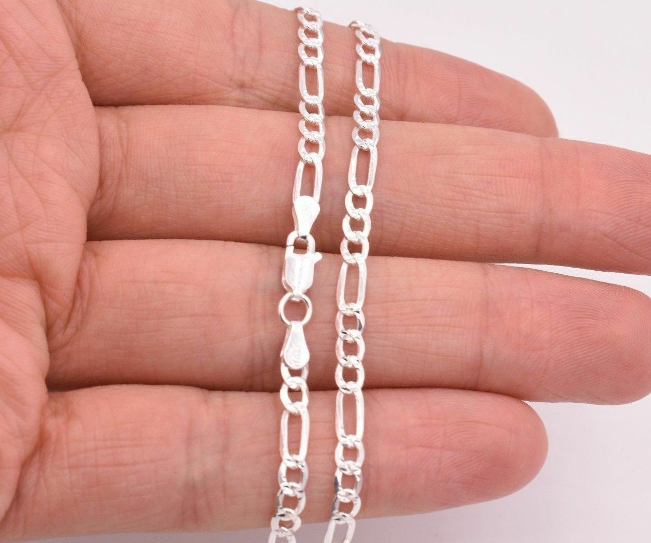 4mm Italian Figaro Pave Diamond Cut Link Chain Necklace Real Sterling Silver 925