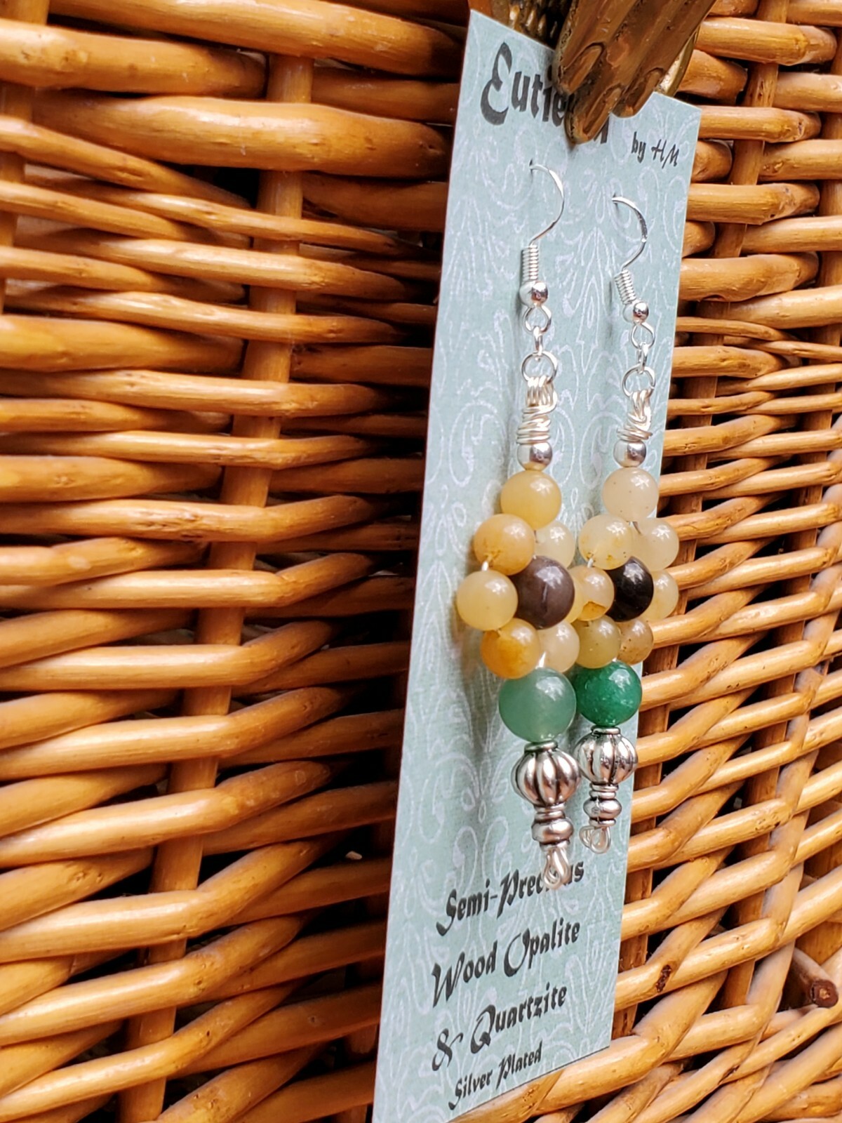 Eutierra Semi-Precious Wood Opalite & Quartzite Earrings Hand Crafted In USA 3″