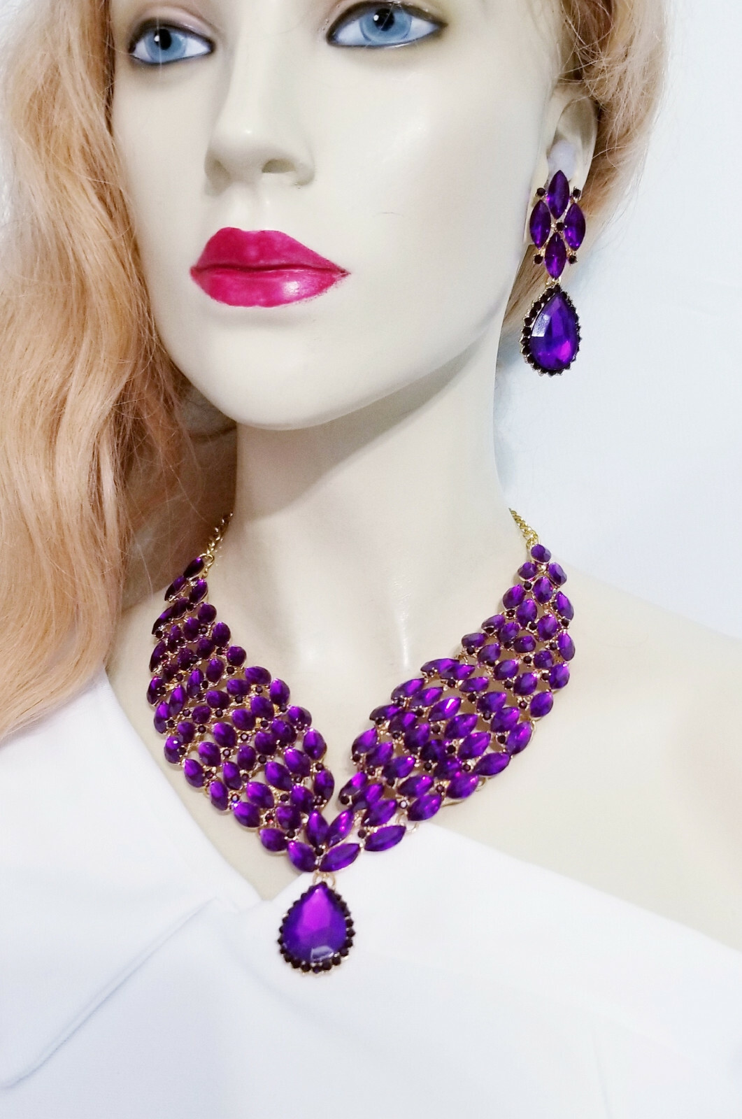 Choker Statement Necklace Earring Set Rhinestone Purple