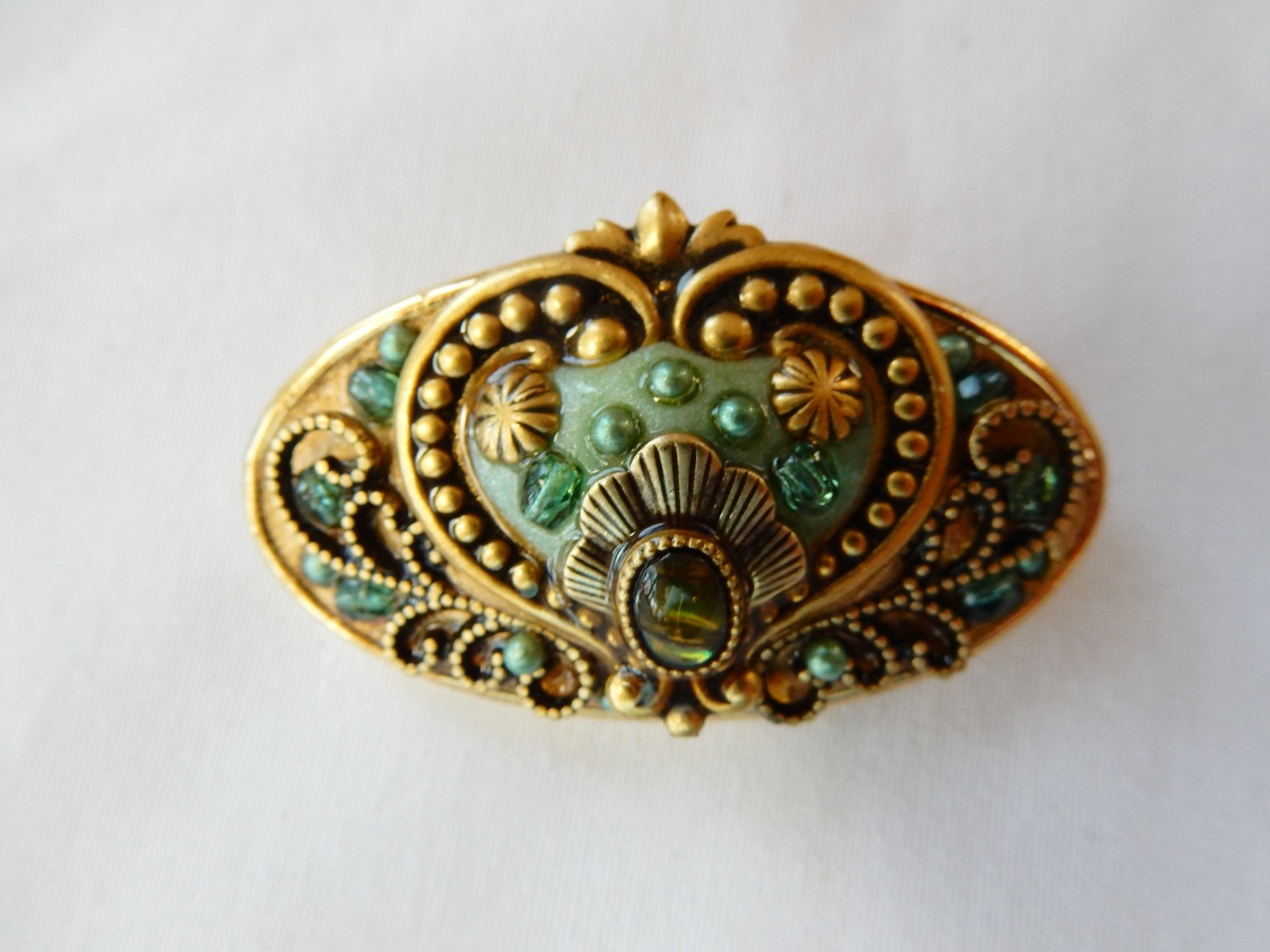 Michal Golan Brooch/Pendant, Green and gold with heart, rhinestones, signed