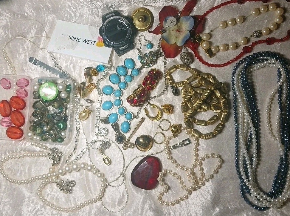 Unsorted Junk Drawer Jewelry Lot Broken Repair Salvage Crafts Pearls Rhinestones