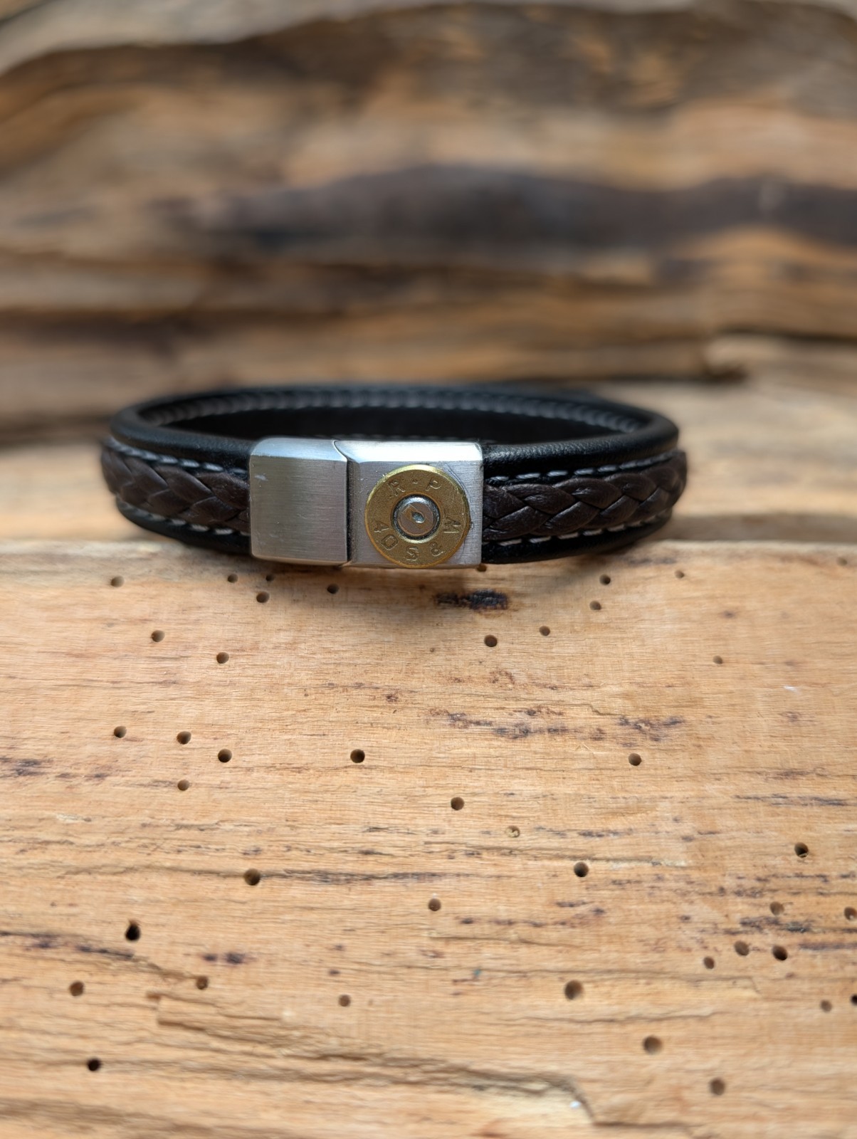 Black and Brown Braided Leather Bullet Bracelet with a 9, 38,40 or 357 Bullet.
