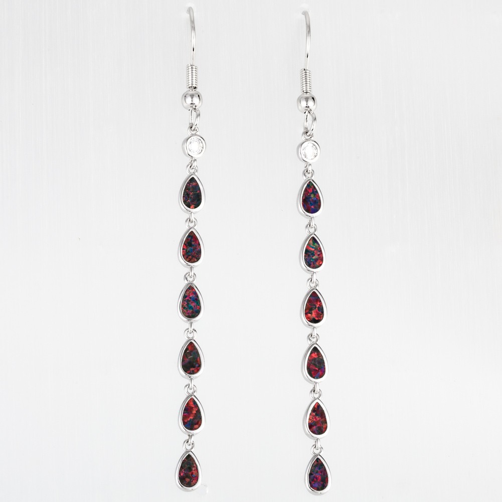 Multi Pear Black Cherry Red Fire Opal CZ Silver Jewelry Dangle Drop Earrings