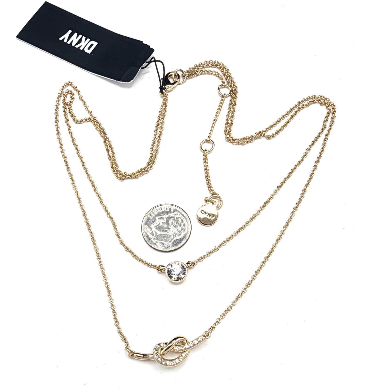 DKNY Gold Tone Crystal Solitaire & Pave Knot Layered Necklace 16+3 NWT Gift Box