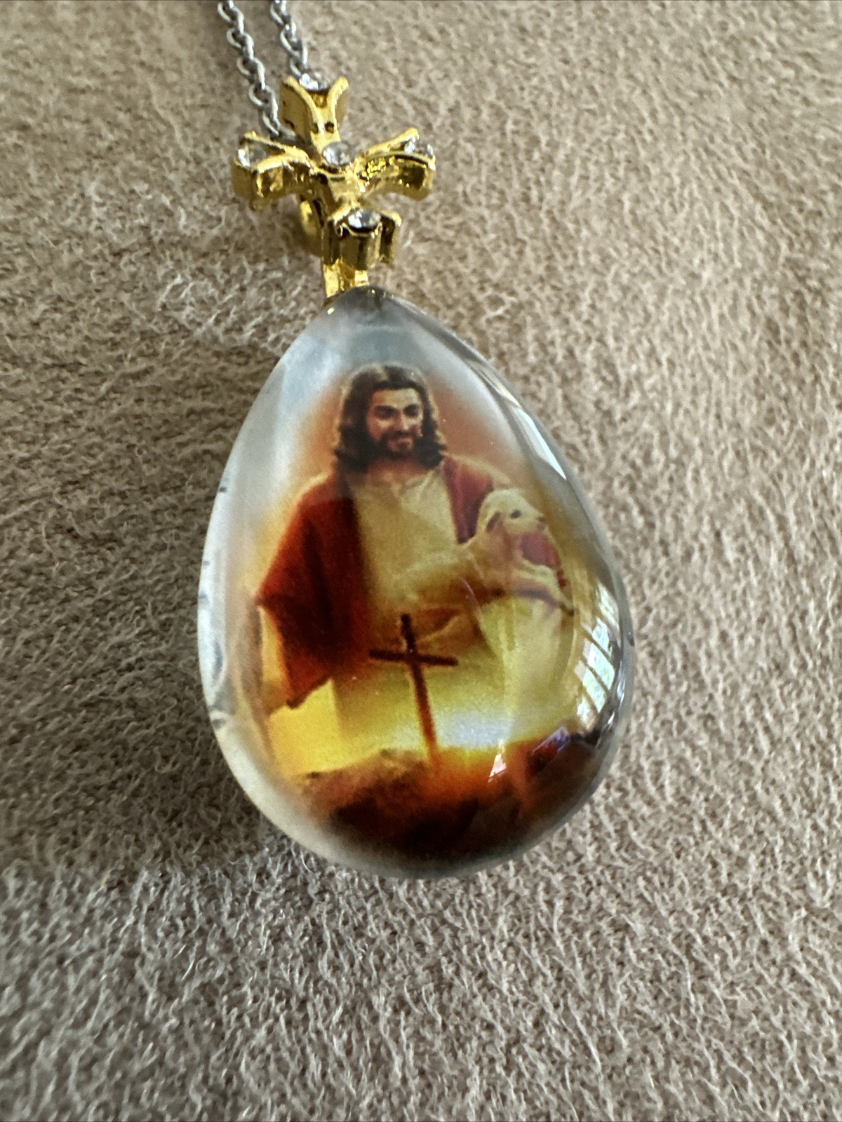 Jesus Christ “the Shephard” With words On Back Of Teardrop Necklace