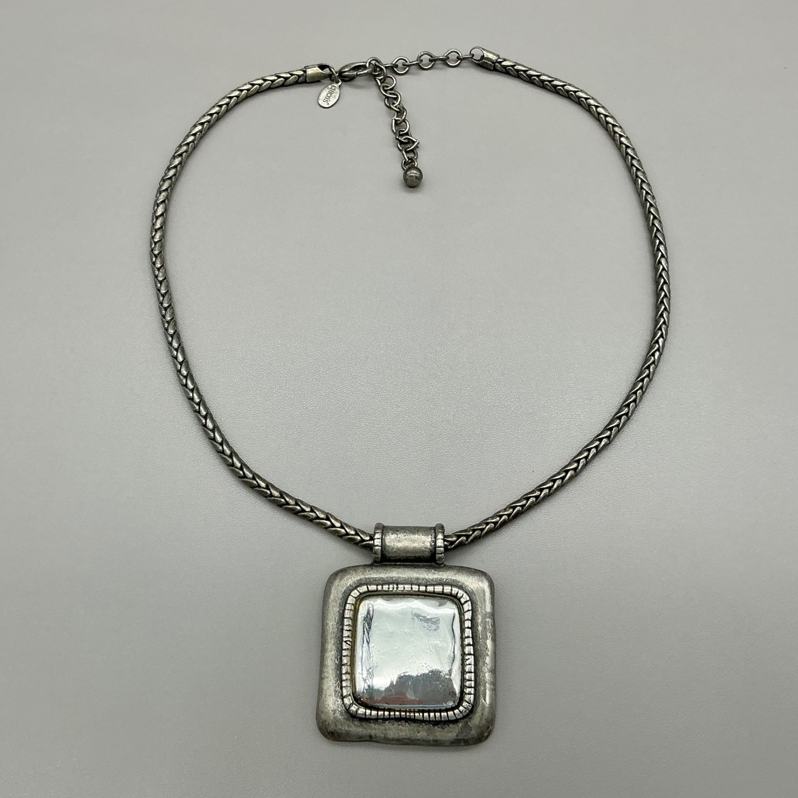 Chico’s Necklace Womens Silver Tone Square Pendant Braided Chain 18-21 Inches