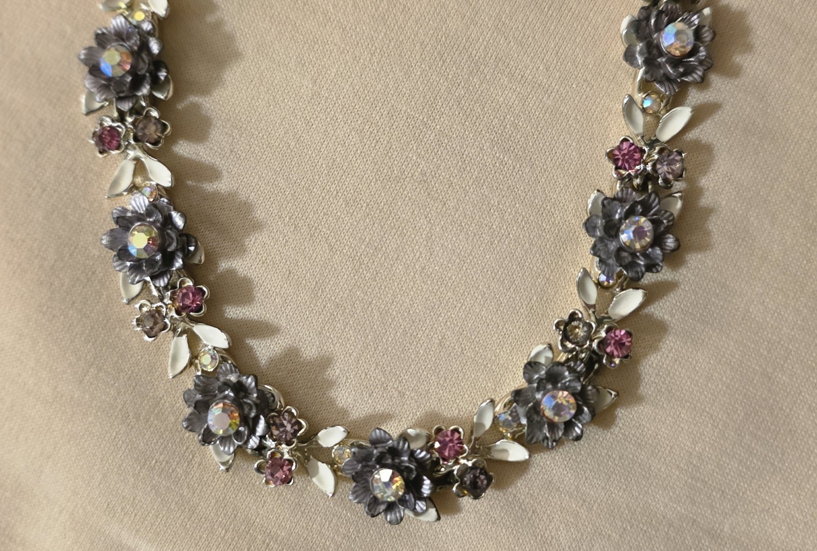 16″ Vintage BSK Pink & Purple Rhinestone, Enamel and Pewter Choker