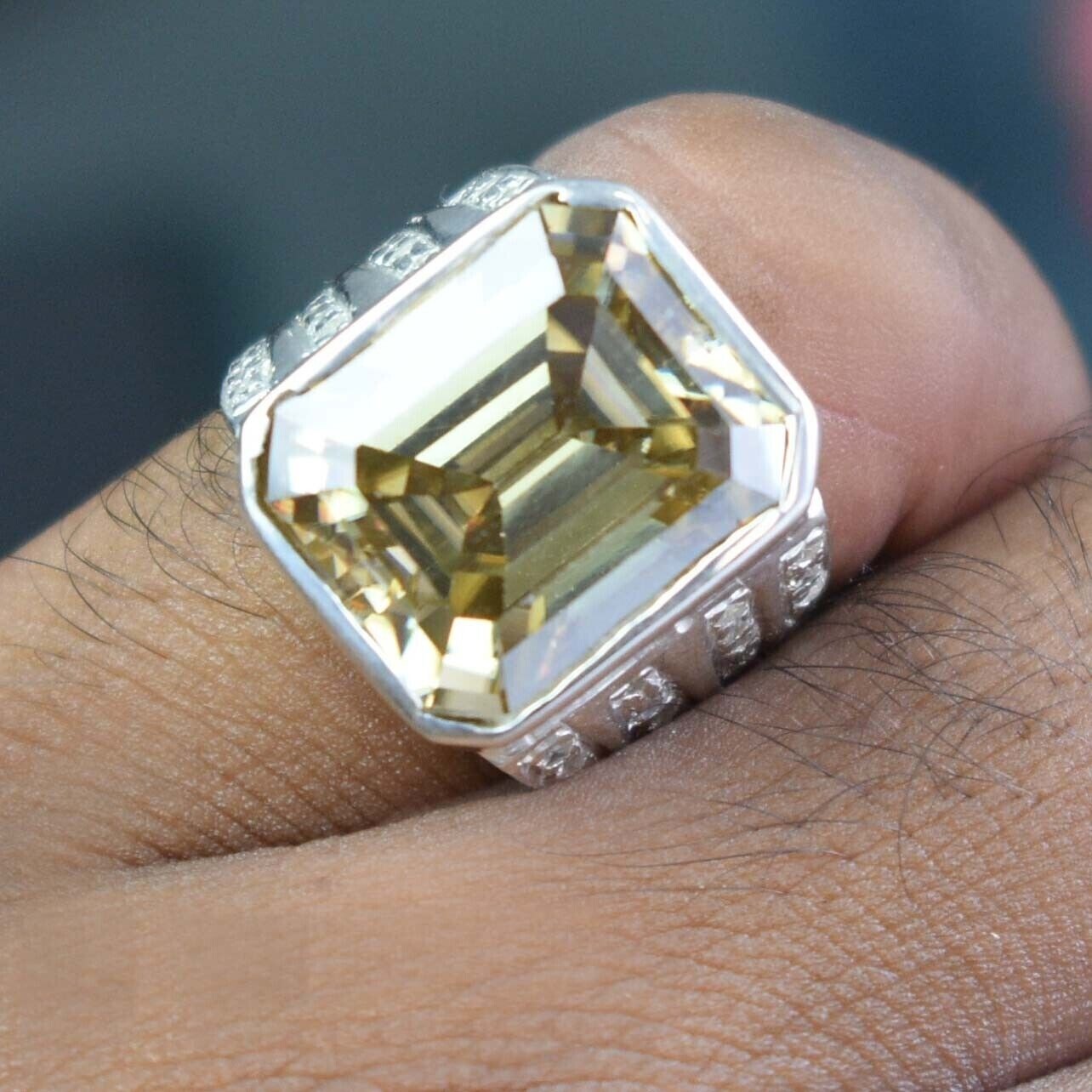 RARE 20.00 Ct Emerald Cut Champagne Treated Diamond Ring 925 Silver