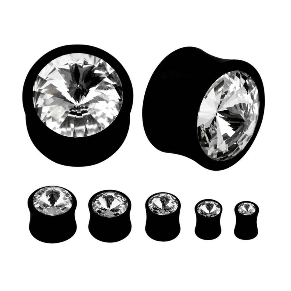 Areng Wood Double Flare Tunnel Clear CZ Gems Ear Gauges Plug Stretched Sold Pair