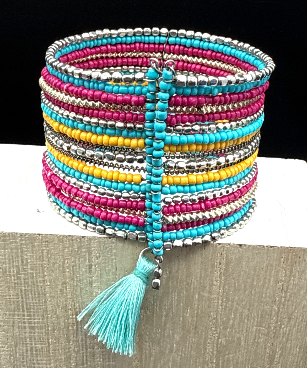 Handmade Bracelet 6.5″ Adjustable Aqua Red Yellow Seed Bead Woven Boho Wide Cuff