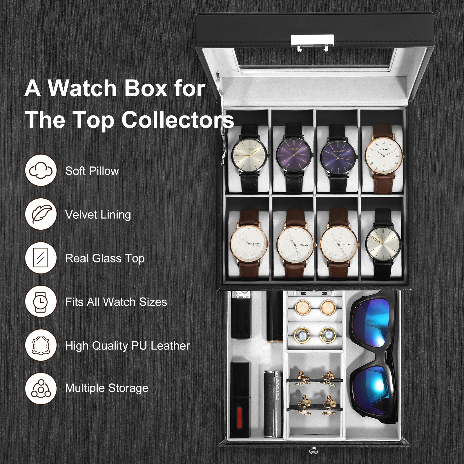 8 Slot PU Leather Watch Box Glass Top Organizer Jewelry Display Case New