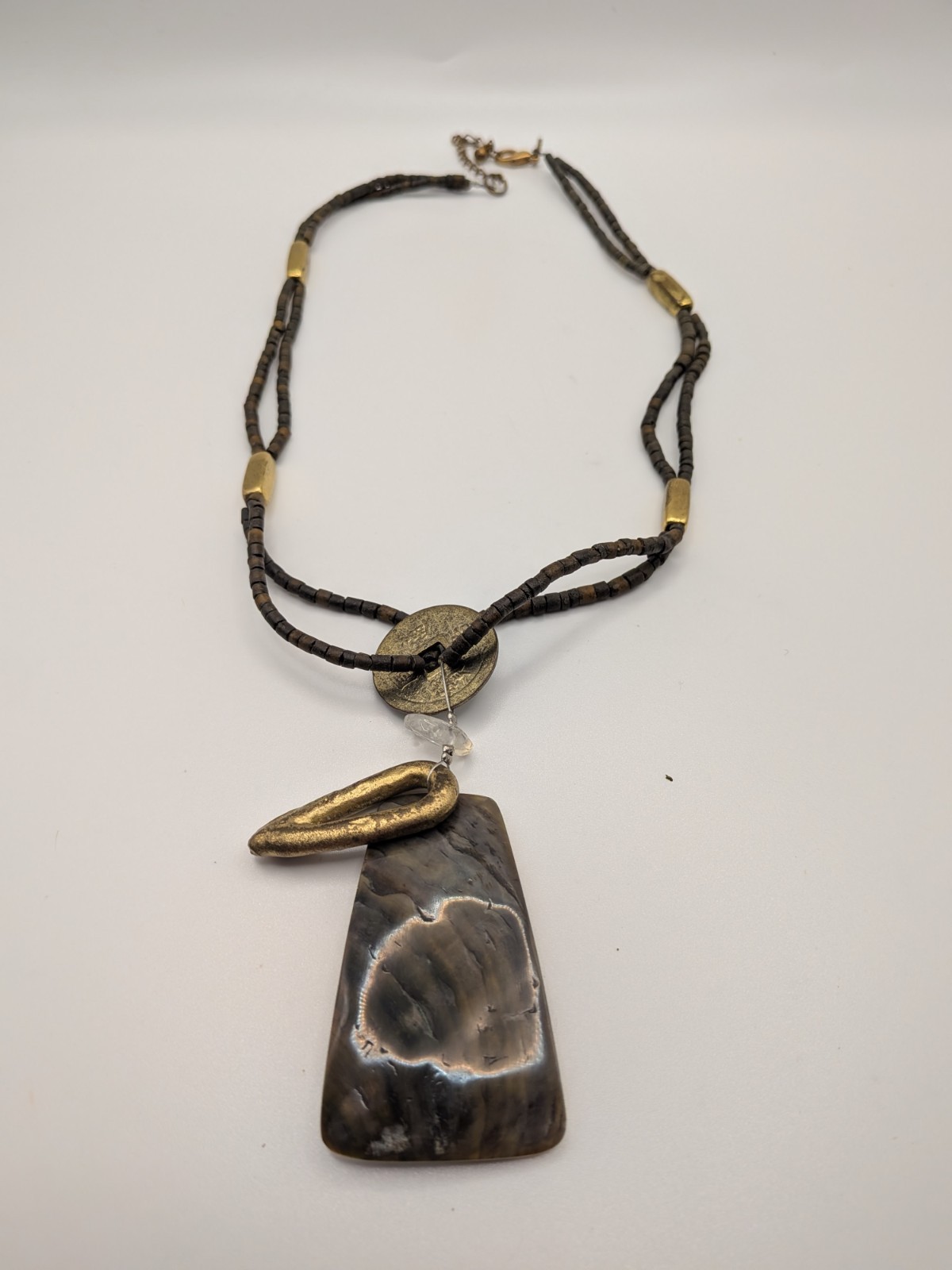 Multi-Strand Brown Beaded Necklace Trapezoid Shell Pendant Quartz/Brass/Coin