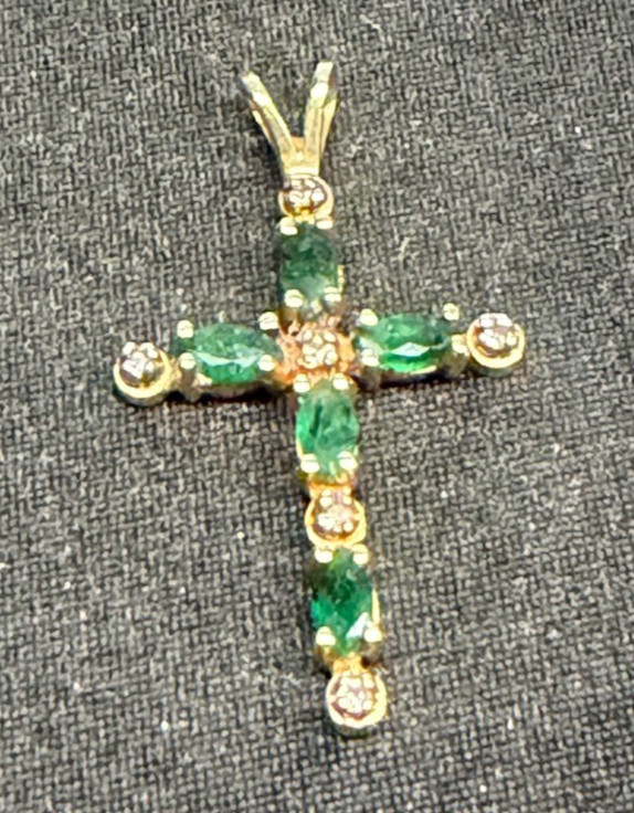 14k Yellow Gold Emerald Cross (Pendant Only, No Chain).
