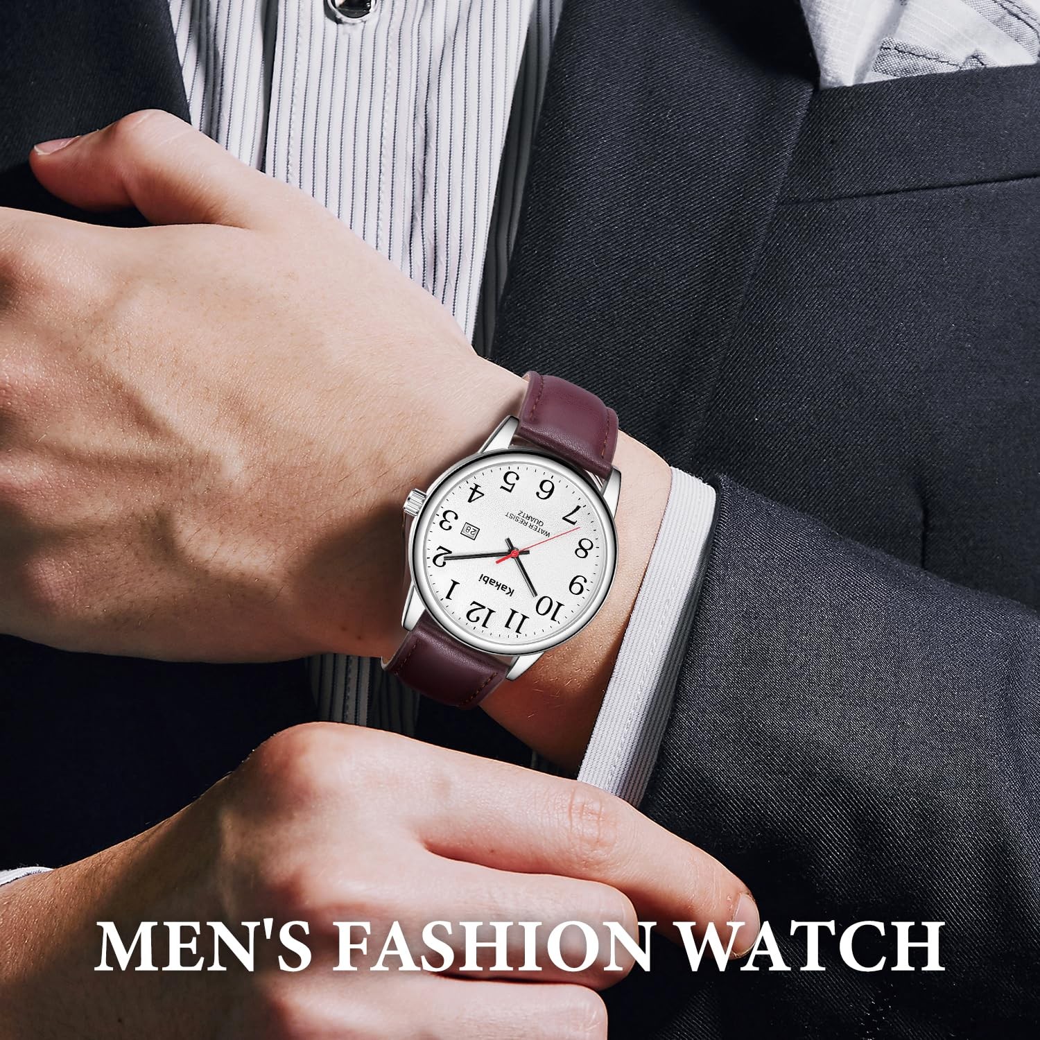 Kakabi Watch for Men, Easy Reader Unisex 03-Reddish-brown/Silver-Tone/White
