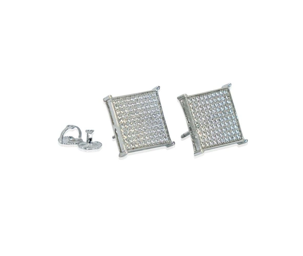 Mens Ladies 925 Sterling Silver 15mm CZ Square Kite Earrings