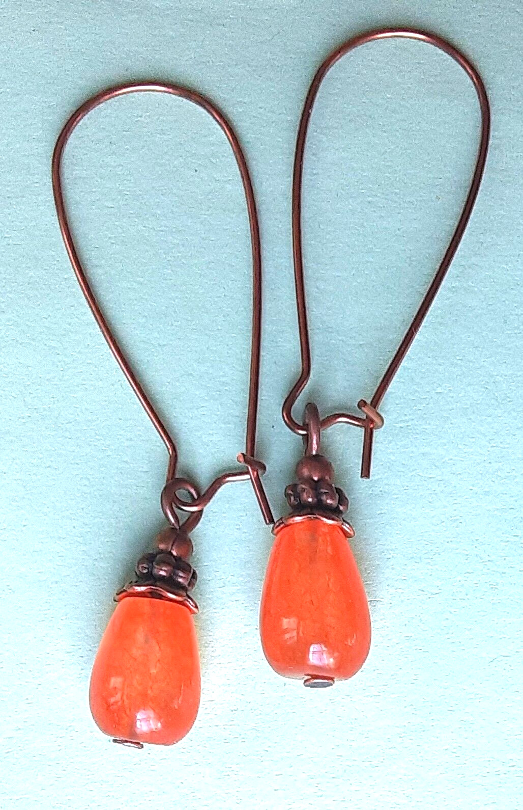 ORANGE JADE dangle earring COPPER KIDNEY WIRE HANDCRAFTED K2TA
