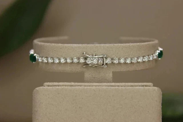 9TCW Oval Lab Created Emerald & Diamond Tennis Bracelet 14K White Gold Plated