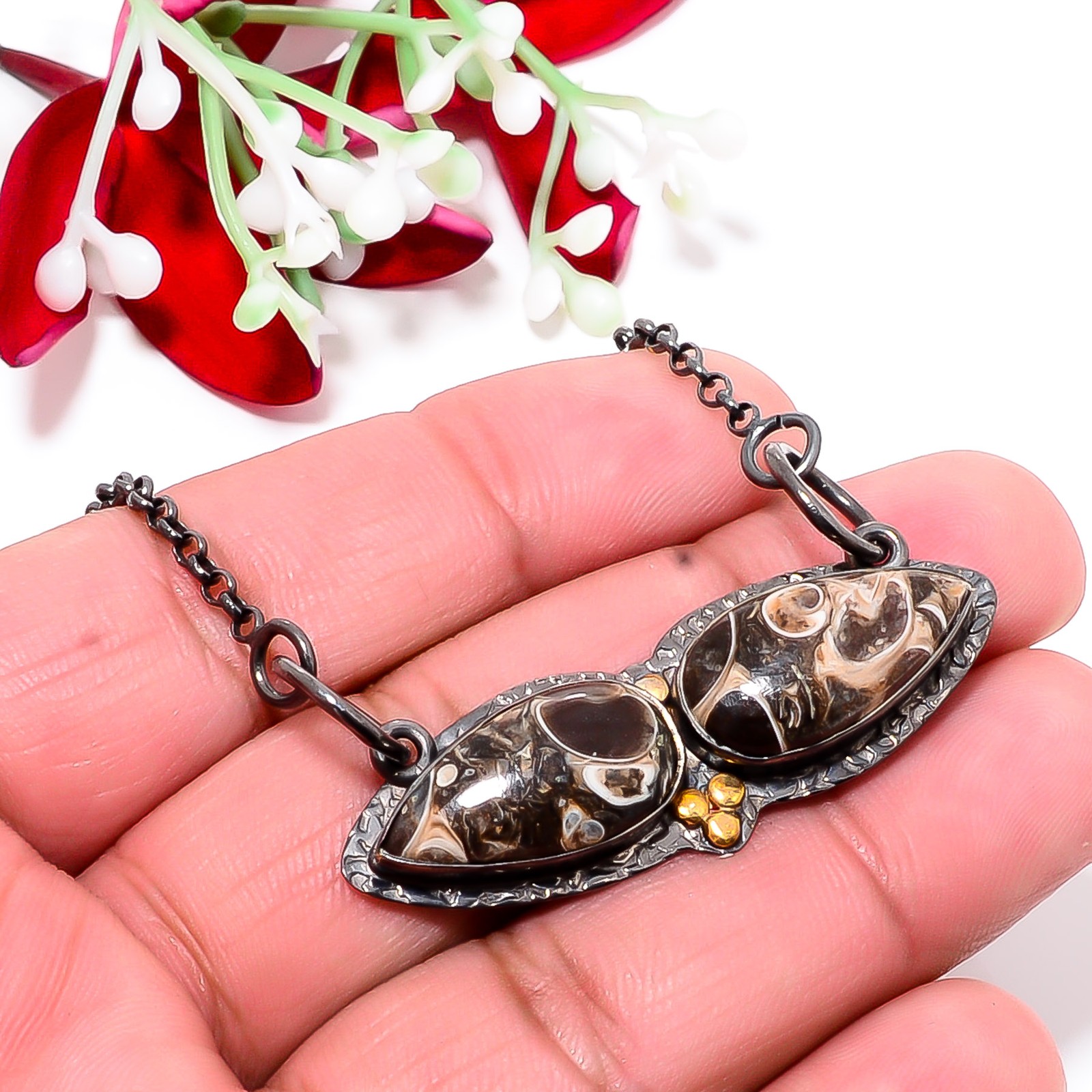 Turritella Agate Black & Gold Rhodium 925 Silver Chain Pendant 18-22″ Cp10468118