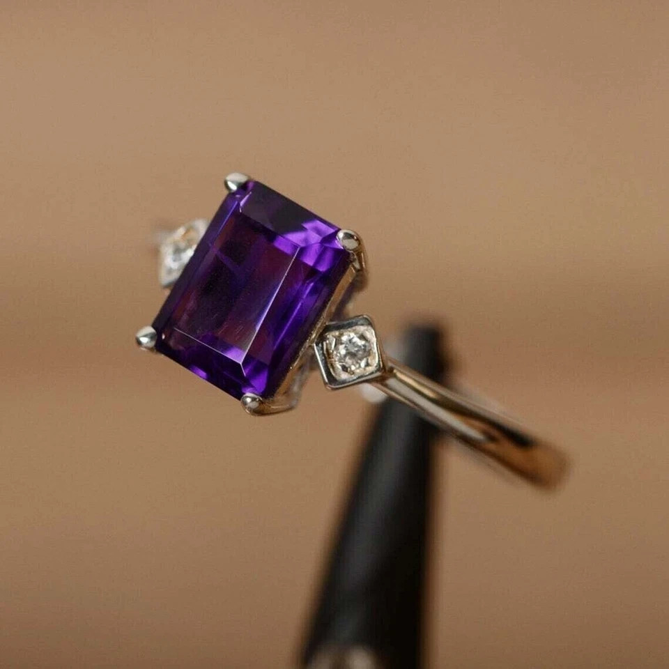 1.90Ct Emerald Cut Natural Amethyst Diamond Solid 950 Platinum Engagement Rings
