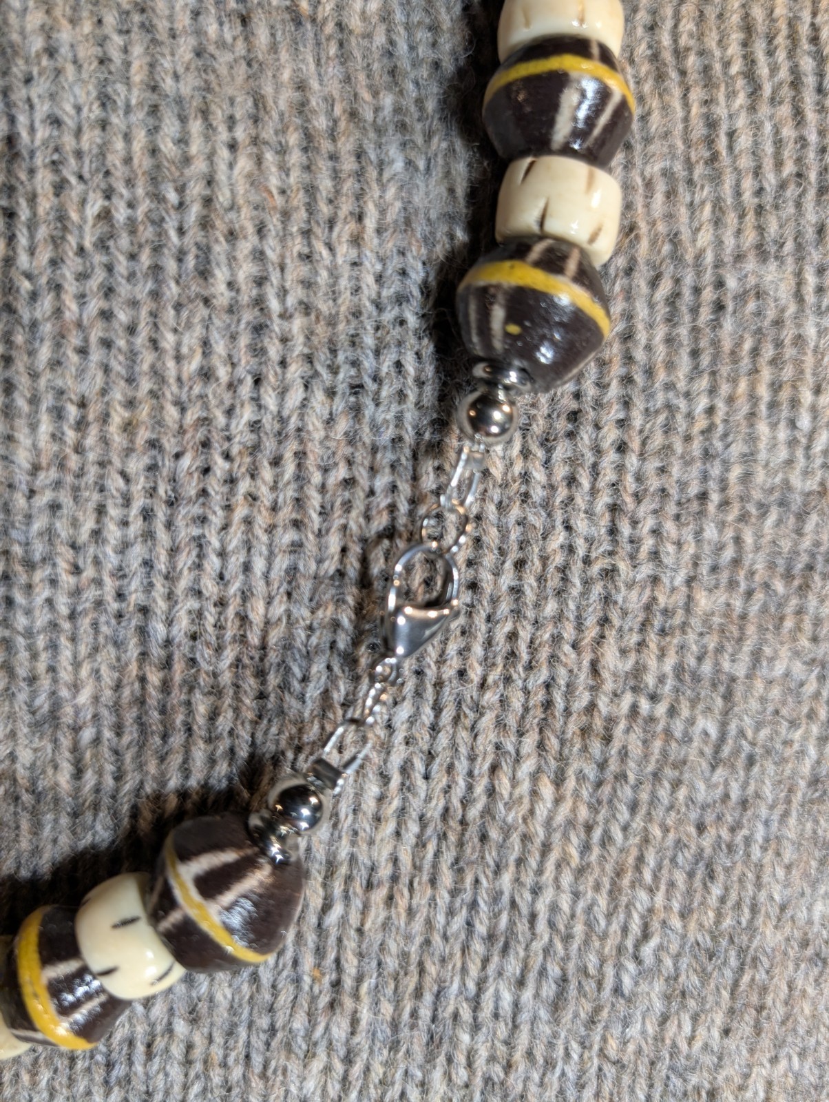 Tribal Wood Bead Necklace, African Krobo Bicone, Bone, Men’s 23in, Earth Tones