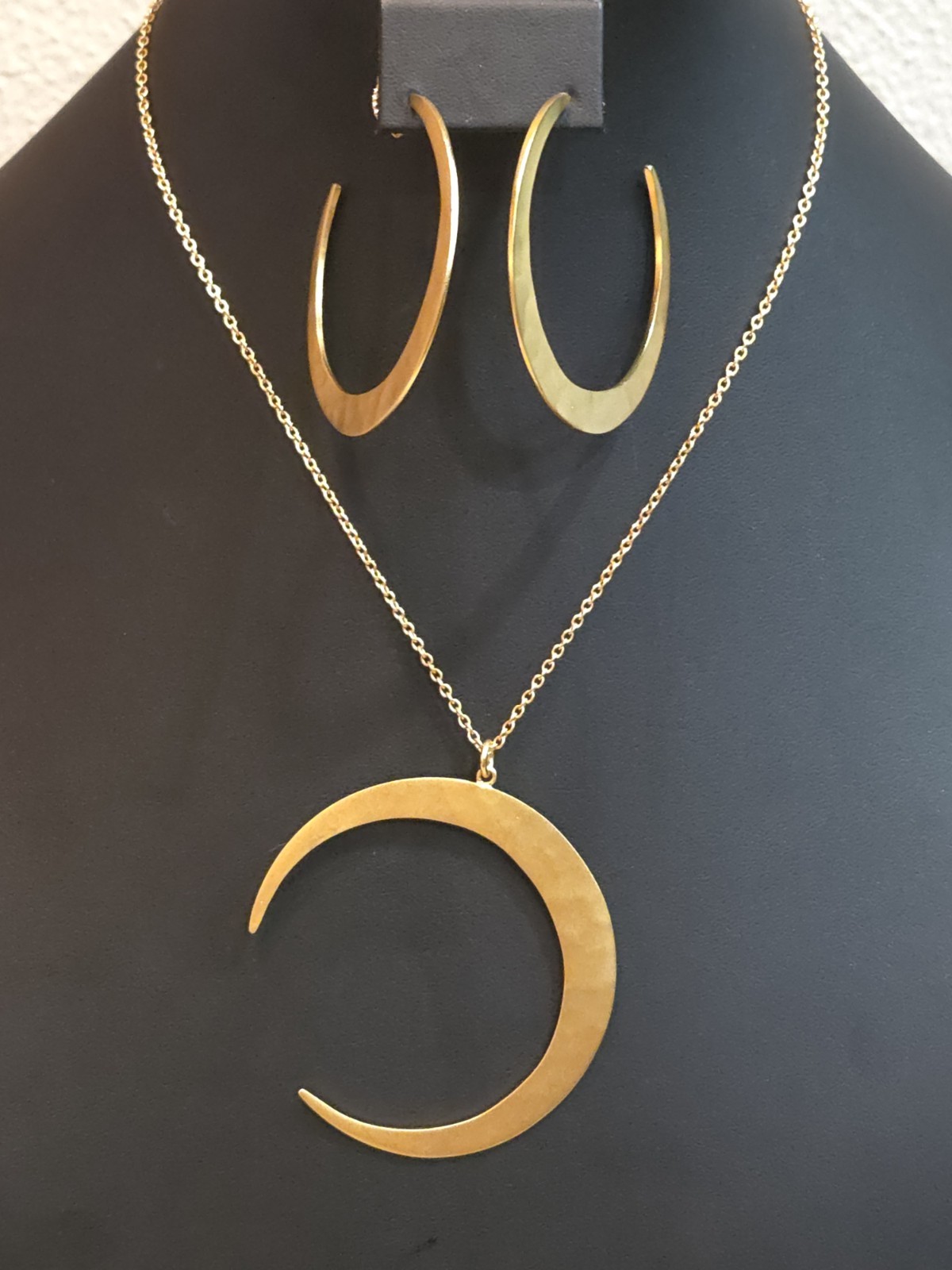 RLM Studio Vintage Hammerd Brass Crescent Moon Pendant Necklace & Earring Set.