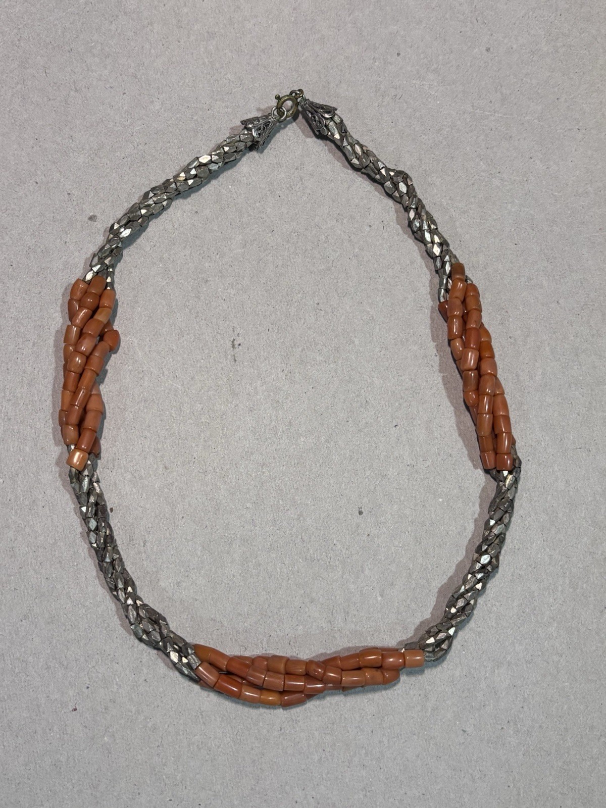 Four Strand Red Coral & Geometric Metal Beaded Necklace Choker Vintage 14/15in